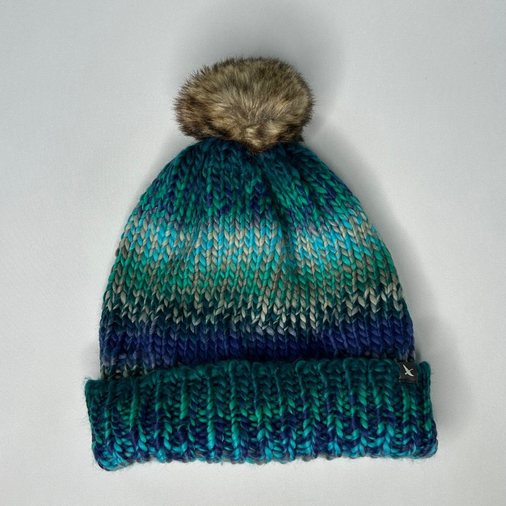 Eddie Bauer Womens Beanie Teal Blue Ombre Faux Fur Pom Fleece Lined Winter Hat